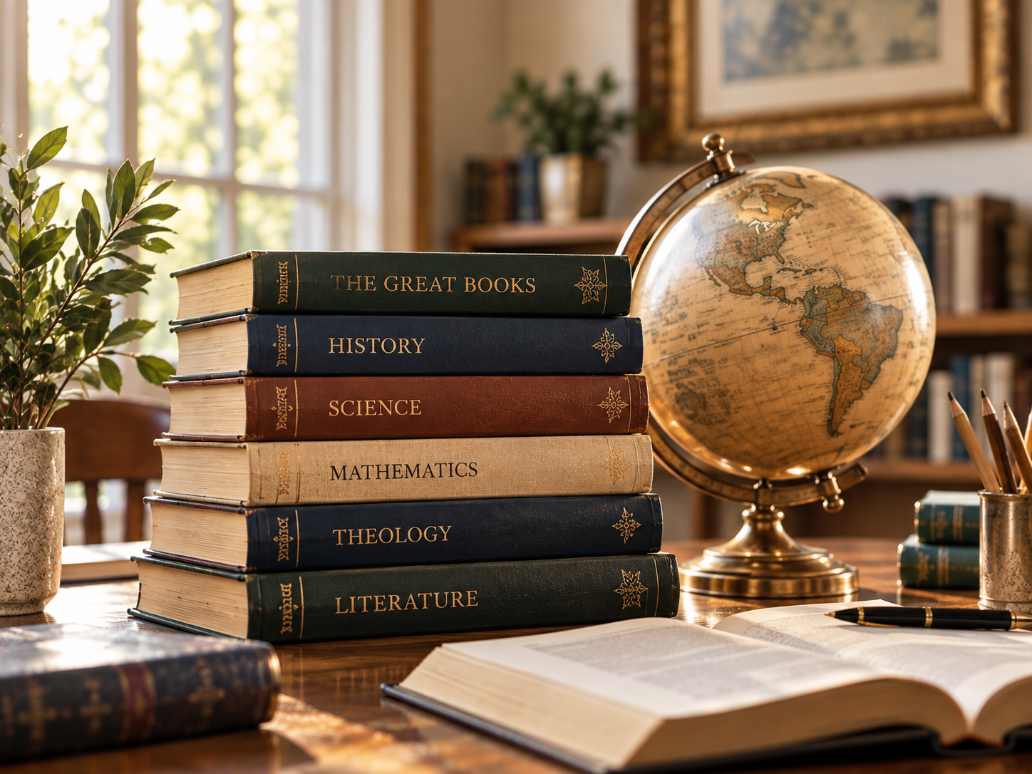 Classical books and globe representing classical education